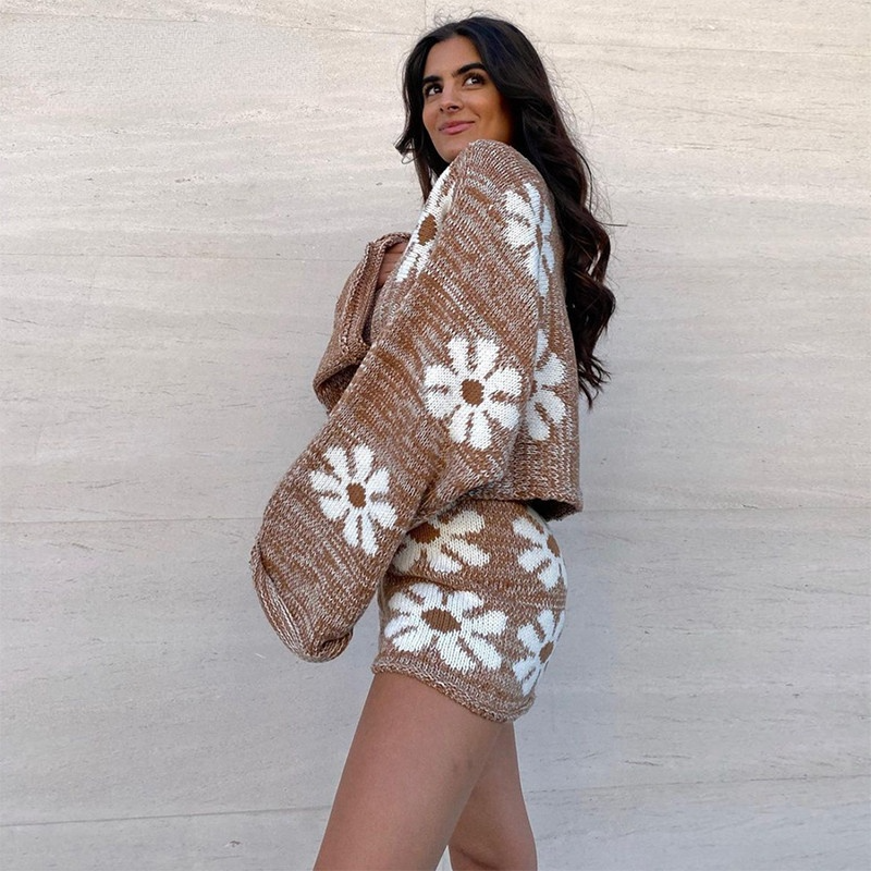Casual Long Sleeve Women Sweater Top Knitted And Biker Shotrs Two