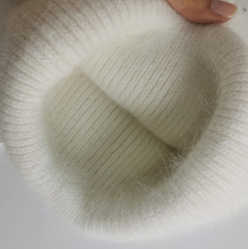 Angola Beanie Hat Winter Women's 2022 Rabbit Fur Bonnet Knitted Coarse Cap Thick Soft Ski Cap Lady Skullies Beanies Rib Hats