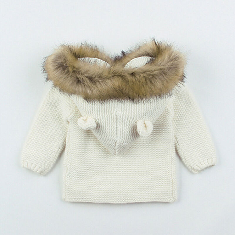 0-24M Winter Warm Newborn Baby Boy Girl Knit Hooded Coat Fur Collar Jacket Clothes Thick Autumn Clothing