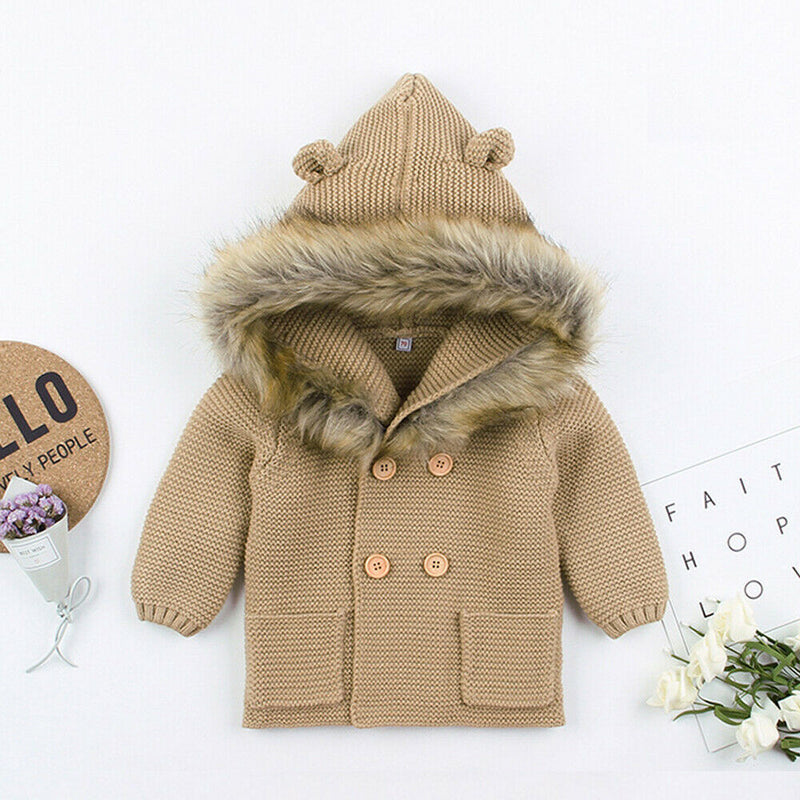 0-24M Winter Warm Newborn Baby Boy Girl Knit Hooded Coat Fur Collar Jacket Clothes Thick Autumn Clothing
