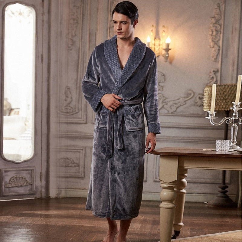 Men Long Thick Warm Flannel Bath Robe Plus Size Women Robes Coral Fleece Bathrobe for Winter Dressing Gown Male Kimono Sleepwear