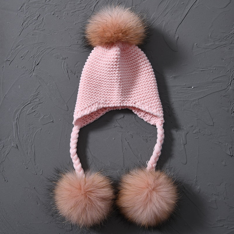 Knitted Baby Hat with Three Real Fur Pompom Children Beanie Boy Girl Natural Raccoon Fur Ball Kids Cap Cute Real Fur Pom Pom Hat