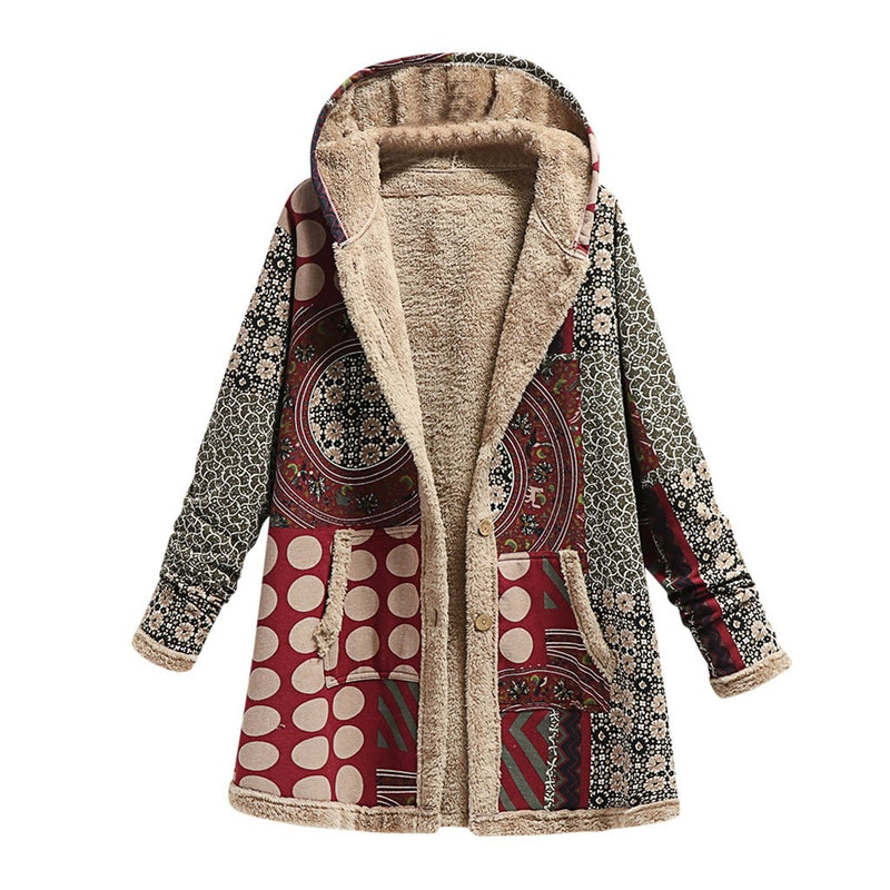 2023 Winter Vintage Women Coat Warm Printing Thick Fleece Hooded Long Jacket with Pocket Ladies Outwear Loose Coat for Women