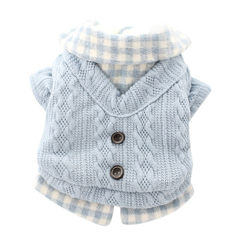 Fake Two Pcs Plaid Design Warm Sweaters for Dogs Autumn and Winter Dog Clothes with Buttom Dog Outfit Clothing Pink Blue