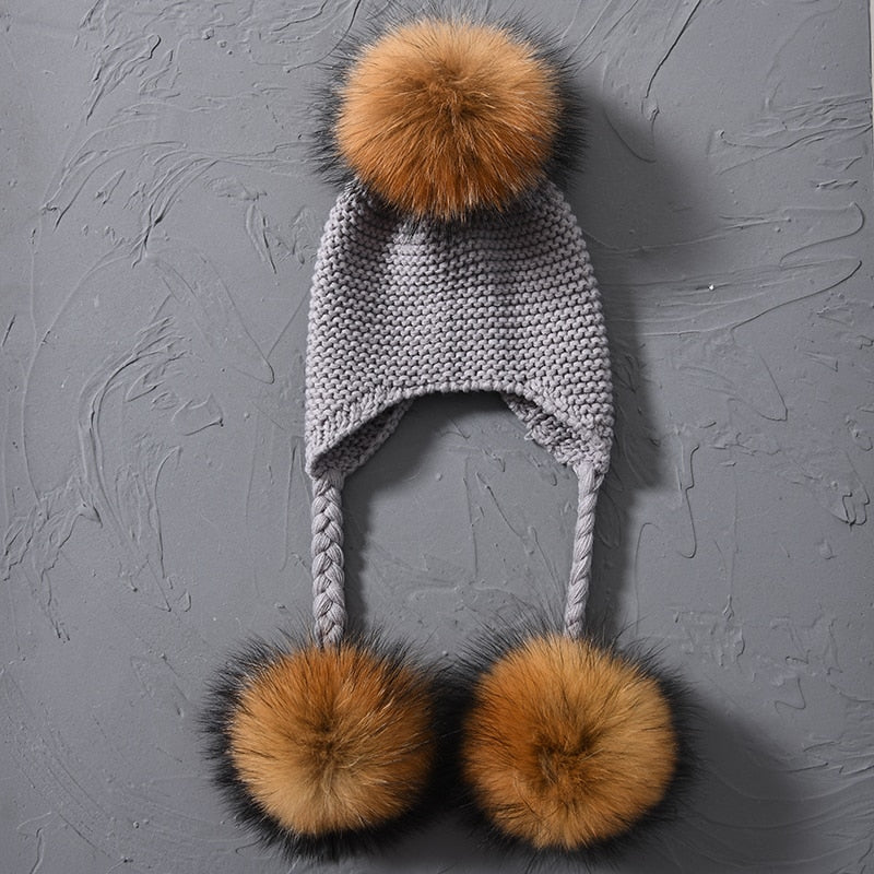 Knitted Baby Hat with Three Real Fur Pompom Children Beanie Boy Girl Natural Raccoon Fur Ball Kids Cap Cute Real Fur Pom Pom Hat