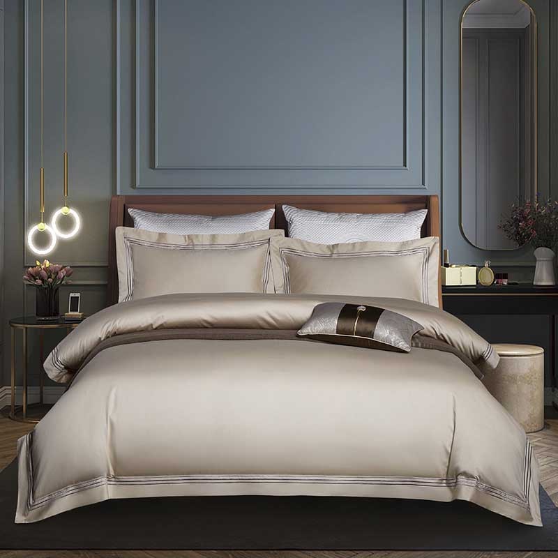 Luxury Three Lines Pure Color Egyptian Cotton Bedding Sets King Queen Size Embroidery Soft Bed Set Duvet Cover flat fitted Sheet