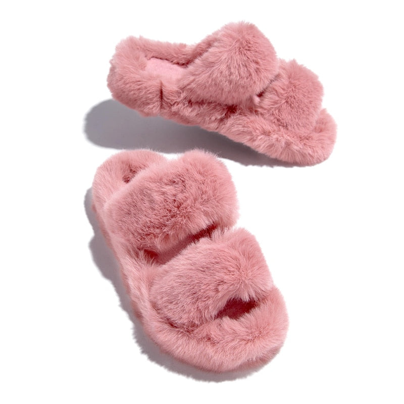 Indoor Women Fur Slippers Fluffy Soft Furry Slides Thick Flats Heel Non Slip House Shoes Ladies Luxury Design Footwear Whosale