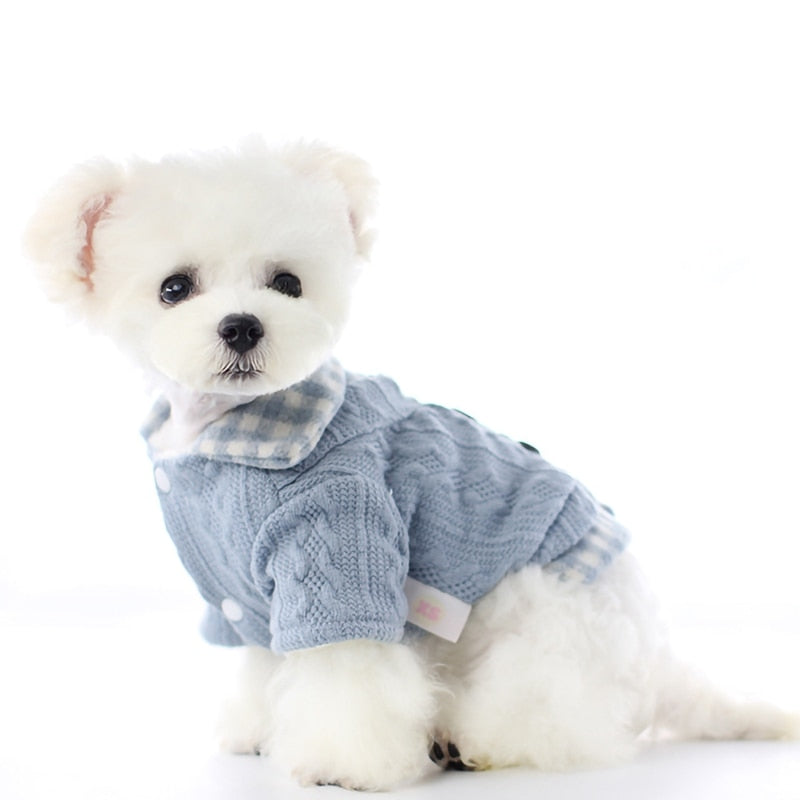 Fake Two Pcs Plaid Design Warm Sweaters for Dogs Autumn and Winter Dog Clothes with Buttom Dog Outfit Clothing Pink Blue