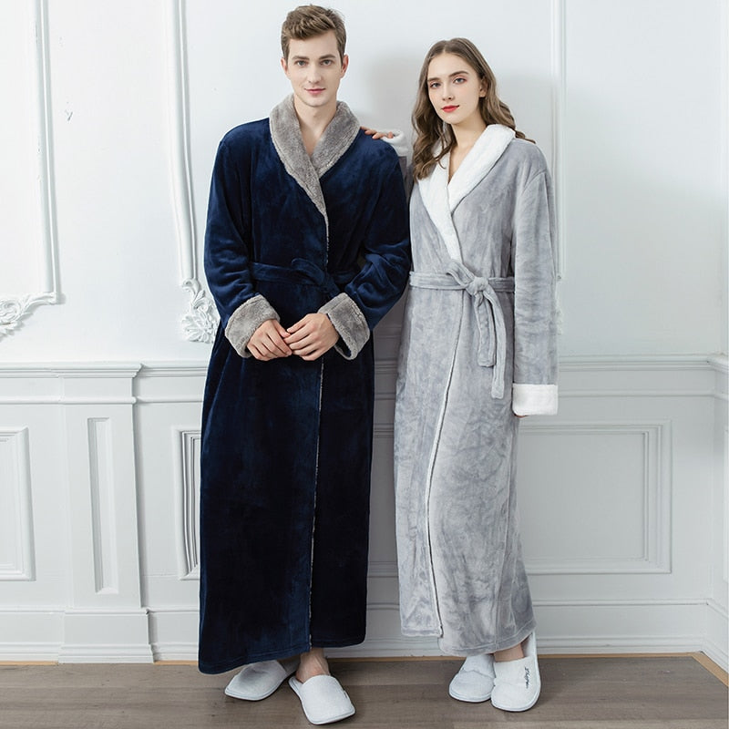 Men Long Thick Warm Flannel Bath Robe Plus Size Women Robes Coral Fleece Bathrobe for Winter Dressing Gown Male Kimono Sleepwear