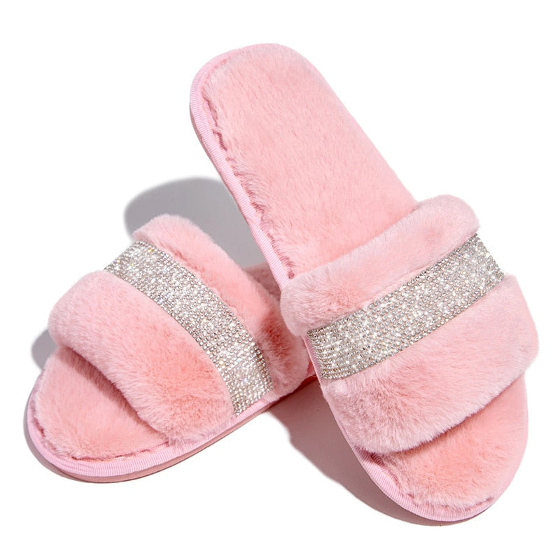Shiny Rhinestone Women Luxury Fur Slippers Flat Indoor Cozy Furry Slides Solid Crystal Designer Home Shoes Ladies Female Winter