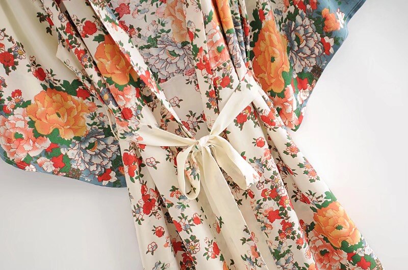 BOHO Location Floral Print Long Kimono Shirt Beige Hippie Women Lacing up Tie Bow Sashes Long Cardigan Loose Blouse Tops Holiday