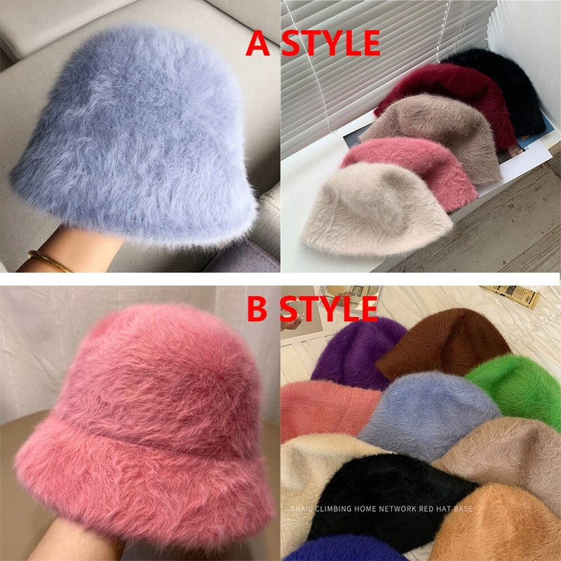 2020 Hat winter women's fashion Solid color rabbit fur hat bucket cap  fisherman's hat retro knitted wool basin Bucket Hat