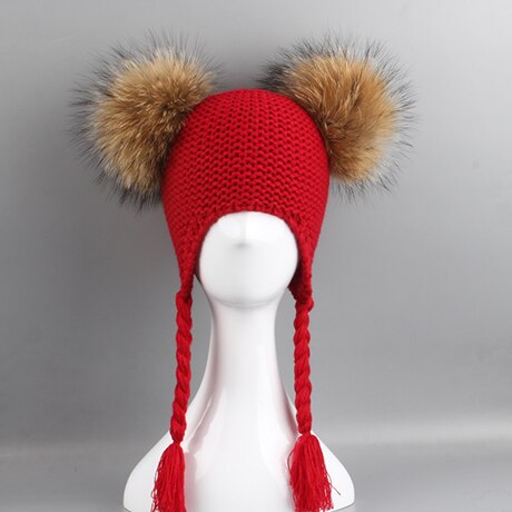 New Autumn Winter Baby Kids Beanie 15 CM Real Fur Pompom Hat For Children Warm Wool Knitted Earflap Cap