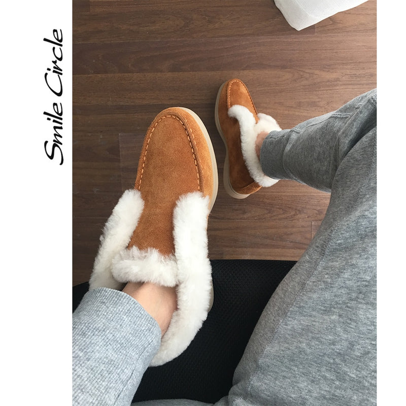 Women Ankle Boots Cow Suede Leather Winter Shoes Natural-fur Warm Slip-on Snow Boots for Women