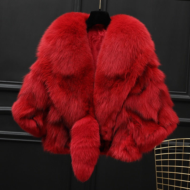 Winter Cloak Warm  Women Cardigan big real Fox Fur Collar Cape Fashion Solid Poncho With medium Fur Sleeves Evening dress shaw