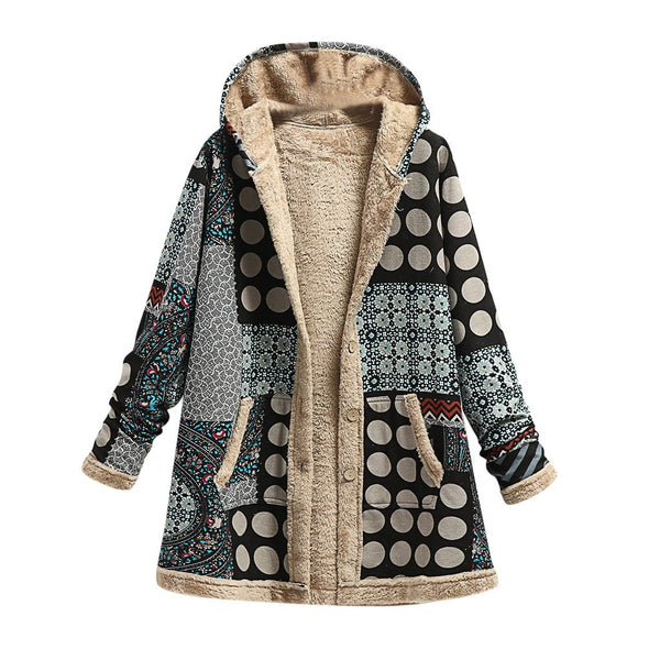 2023 Winter Vintage Women Coat Warm Printing Thick Fleece Hooded Long Jacket with Pocket Ladies Outwear Loose Coat for Women