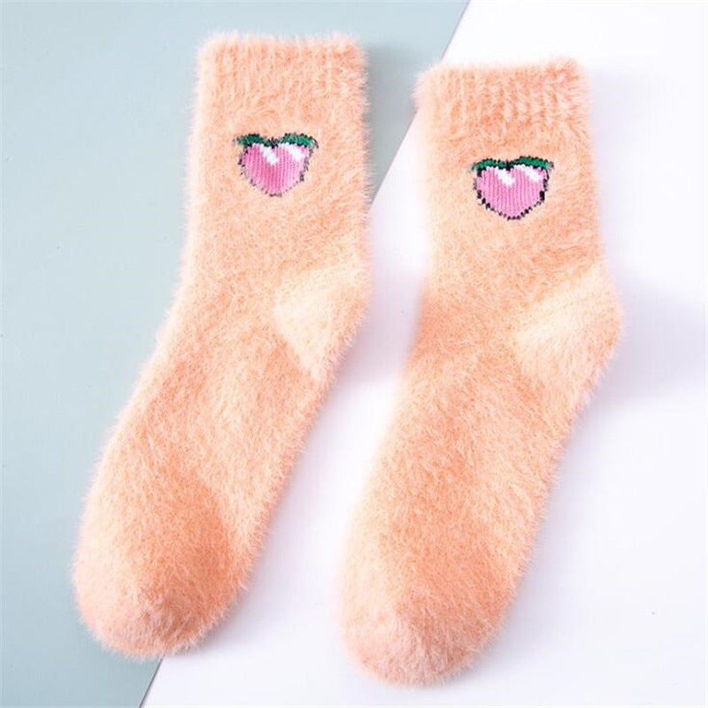 Kawaii Women Fruit Fluffy Socks Autumn Winter Thermal Fuzzy Female Ladies Warm Avocado Cherry Floor Sleep Sock For Woman