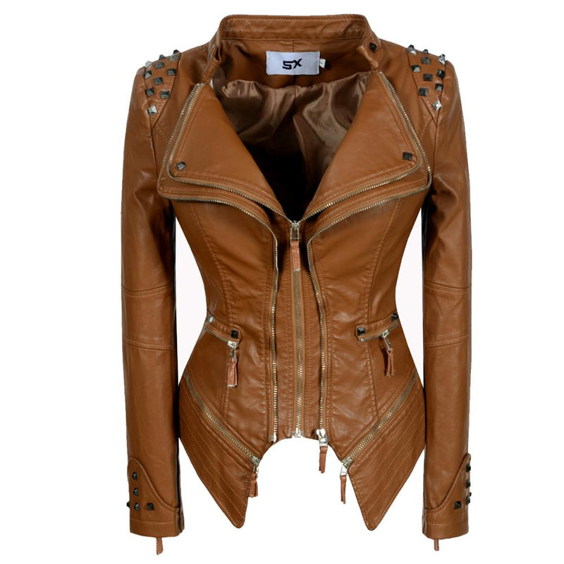 2020 Women Autumn Winter Thick Fake PU Faux Leather rivet Jackets Lady studs Motorcycle Coats Biker Zippers Street Outwear