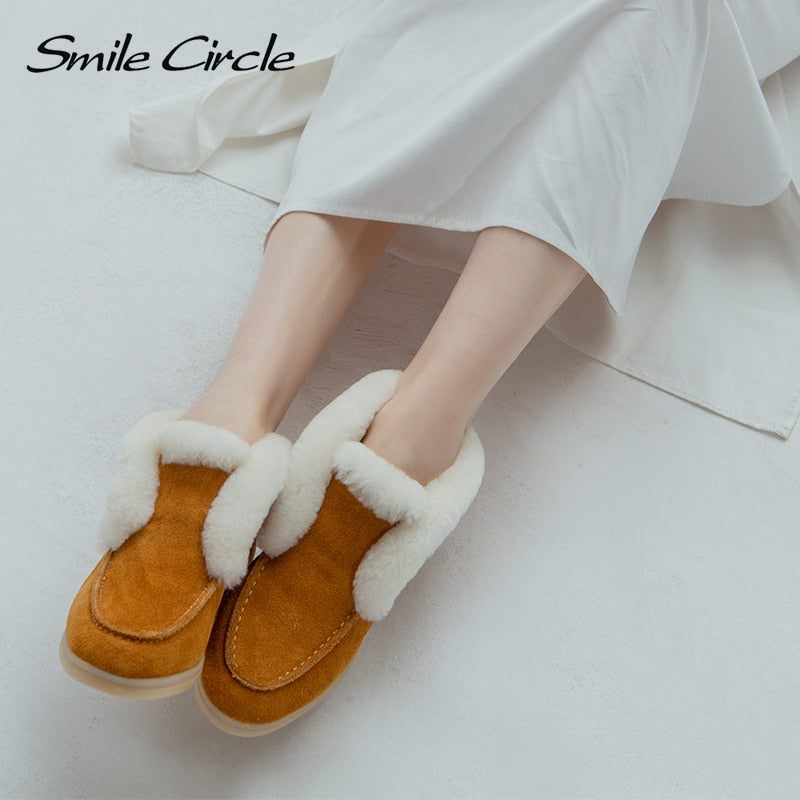 Women Ankle Boots Cow Suede Leather Winter Shoes Natural-fur Warm Slip-on Snow Boots for Women
