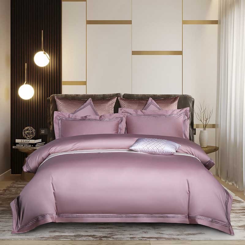 Luxury Three Lines Pure Color Egyptian Cotton Bedding Sets King Queen Size Embroidery Soft Bed Set Duvet Cover flat fitted Sheet