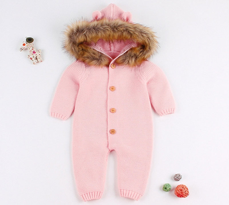 IYEAL Newest Infant Baby Rompers Winter Clothes Newborn Baby Boy Girl Knitted Sweater Jumpsuit Hooded Fur Kid Toddler Outerwear
