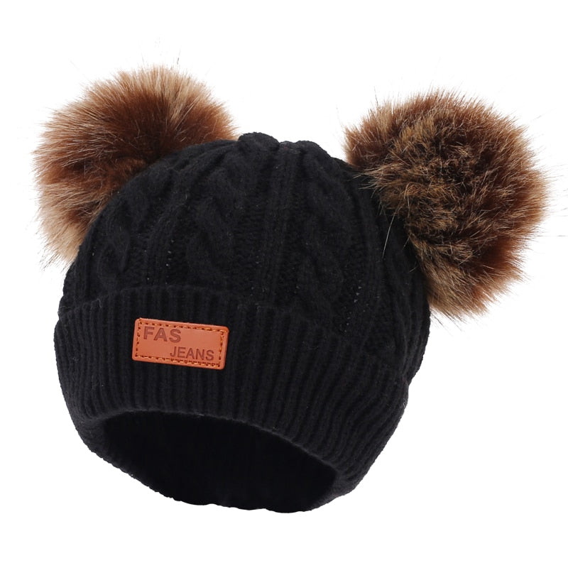 Winter Double Pompom Hat For Baby Girls Kids Caps Faux Fur Children's Beanie Bonnet