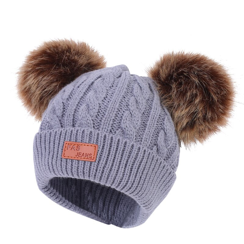 Winter Double Pompom Hat For Baby Girls Kids Caps Faux Fur Children's Beanie Bonnet