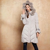 ARTKA 2018 Winter New Women 90% White Duck Down Detectable Fox Fur Pompoms A-line Bandage Thin Long Down Jacket  ZK10173D