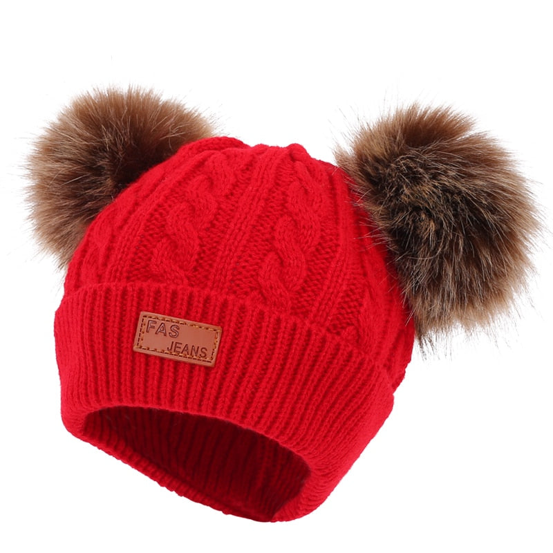 Winter Double Pompom Hat For Baby Girls Kids Caps Faux Fur Children's Beanie Bonnet
