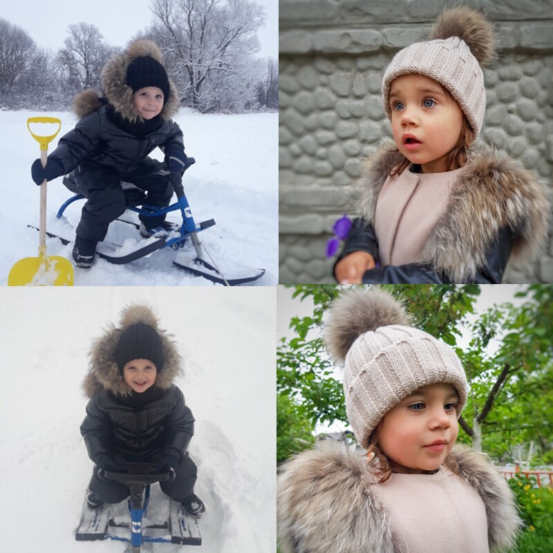 Big Fur Pom pom Beanie Hat Parent Kids Warm Knitted Winter Hats Baby Girls Boys Real Raccoon Fur pompom Beanies Cap
