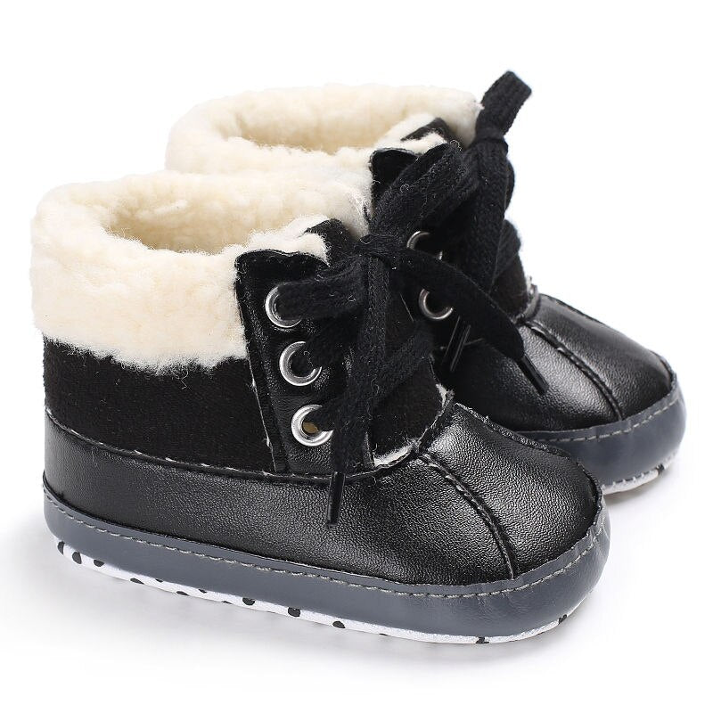Winter Boys Newborn First Walkers Baby Girls Kids Boots Warm PU Leather Fleece Snowfield Lace-Up Booty