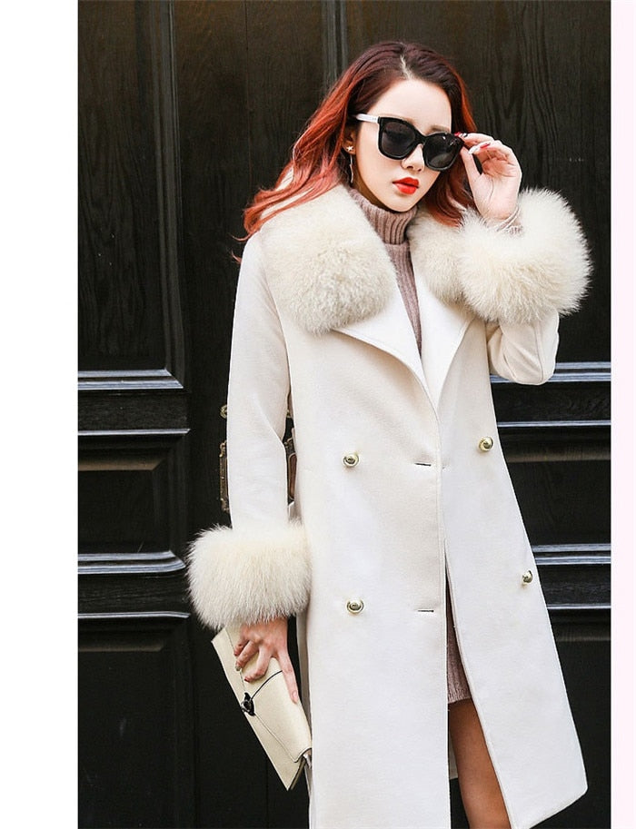 Fashion Women Woolen Coat 2019 Winter New Slim Solid Pocket Double-Breasted Big Fur Collar Thick Warm Woolen Coat Female Outwear