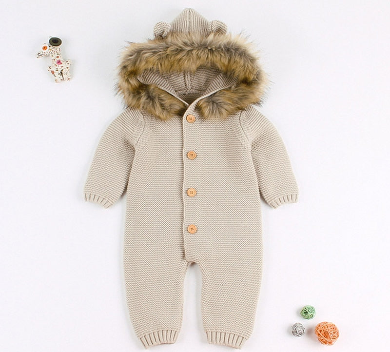 IYEAL Newest Infant Baby Rompers Winter Clothes Newborn Baby Boy Girl Knitted Sweater Jumpsuit Hooded Fur Kid Toddler Outerwear