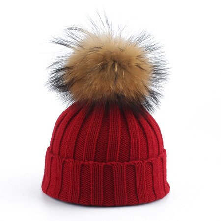 Big Fur Pom pom Beanie Hat Parent Kids Warm Knitted Winter Hats Baby Girls Boys Real Raccoon Fur pompom Beanies Cap