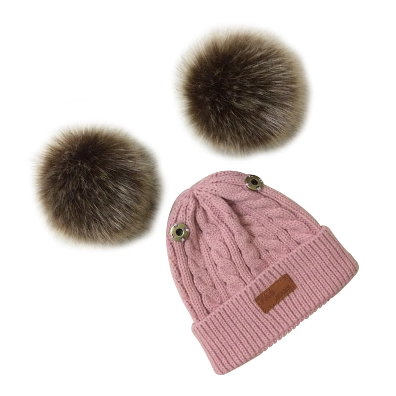 Winter Double Pompom Hat For Baby Girls Kids Caps Faux Fur Children's Beanie Bonnet