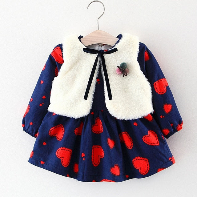 Sodawn Baby Girls Dress Autumn and Winter Girls Thicken Plus Velvet Long Sleeve Down Dress+White Fur Vest 2Pcs Suit Kids Clothes