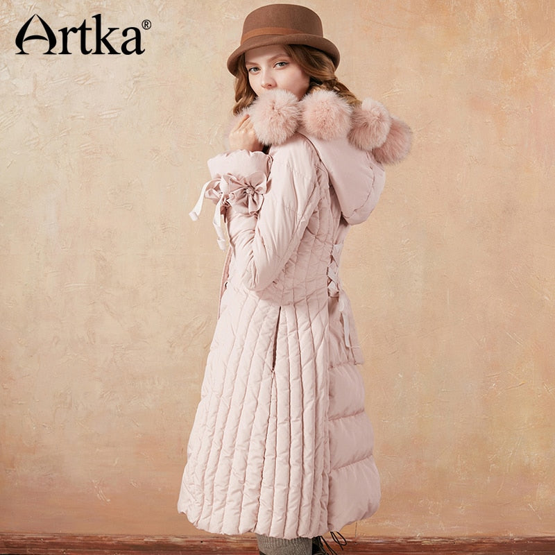 ARTKA 2018 Winter New Women 90% White Duck Down Detectable Fox Fur Pompoms A-line Bandage Thin Long Down Jacket  ZK10173D