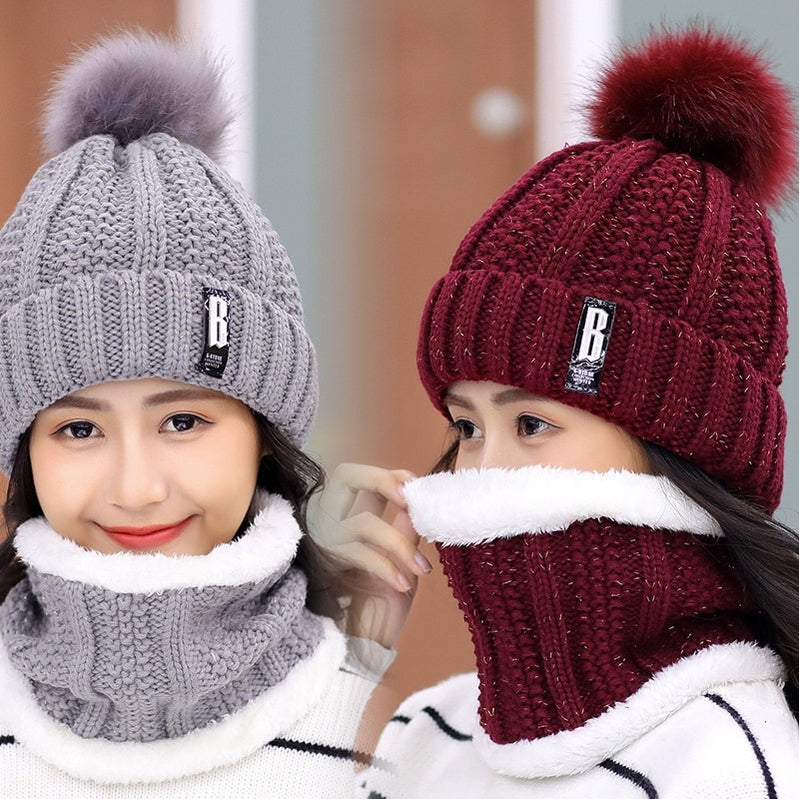 Brand Winter Knitted Beanies Hats Women Thick Warm Skullies Hat Female Knitting Letter Bonnet Beanie Caps Outdoor Riding Sets