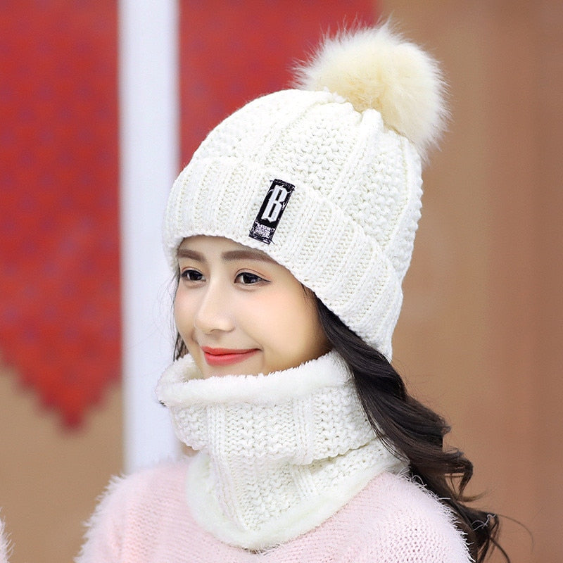 Brand Winter Knitted Beanies Hats Women Thick Warm Skullies Hat Female Knitting Letter Bonnet Beanie Caps Outdoor Riding Sets