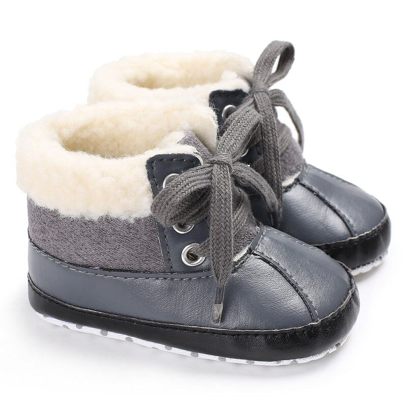 Winter Boys Newborn First Walkers Baby Girls Kids Boots Warm PU Leather Fleece Snowfield Lace-Up Booty
