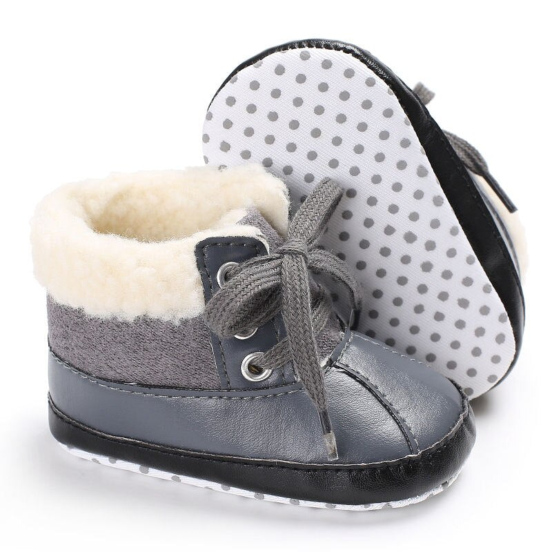 Winter Boys Newborn First Walkers Baby Girls Kids Boots Warm PU Leather Fleece Snowfield Lace-Up Booty