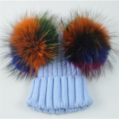 Winter Baby Knit Hat With Two Fur Pompoms Boy Girls Natural Fur Ball Beanie Kids Caps Double Real Fur Pom Pom Hat for Children