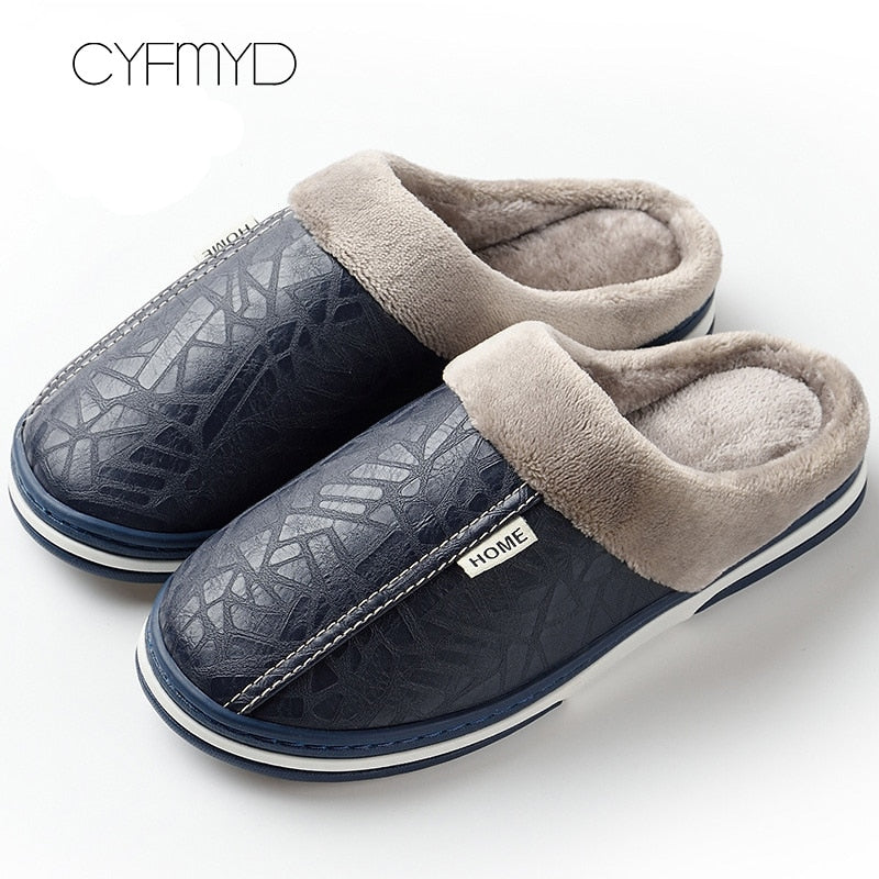 Men's Slippers Home Winter Indoor Warm Shoes Thick Bottom Plush  Waterproof Leather House Slippers Man Cotton Shoes 2022 New