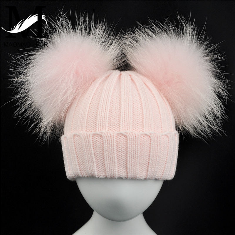 Winter Baby Knit Hat With Two Fur Pompoms Boy Girls Natural Fur Ball Beanie Kids Caps Double Real Fur Pom Pom Hat for Children