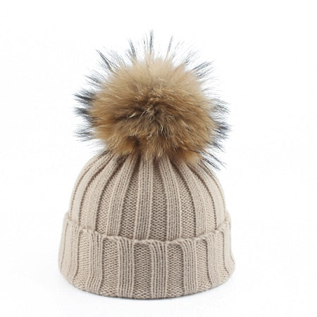 Big Fur Pom pom Beanie Hat Parent Kids Warm Knitted Winter Hats Baby Girls Boys Real Raccoon Fur pompom Beanies Cap