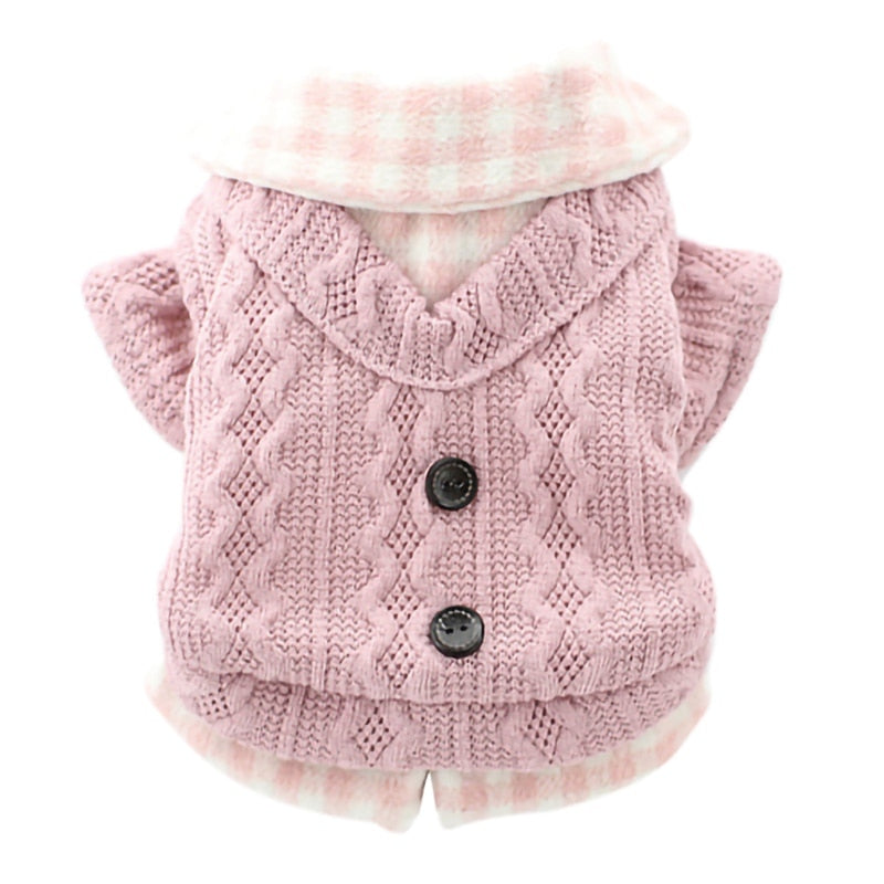 Fake Two Pcs Plaid Design Warm Sweaters for Dogs Autumn and Winter Dog Clothes with Buttom Dog Outfit Clothing Pink Blue