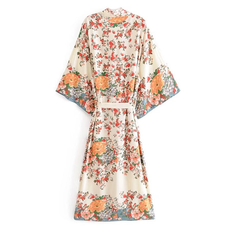 BOHO Location Floral Print Long Kimono Shirt Beige Hippie Women Lacing up Tie Bow Sashes Long Cardigan Loose Blouse Tops Holiday