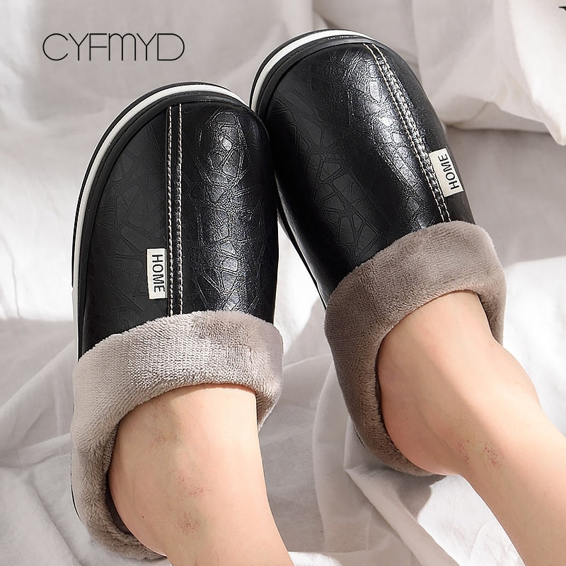 Men's Slippers Home Winter Indoor Warm Shoes Thick Bottom Plush  Waterproof Leather House Slippers Man Cotton Shoes 2022 New