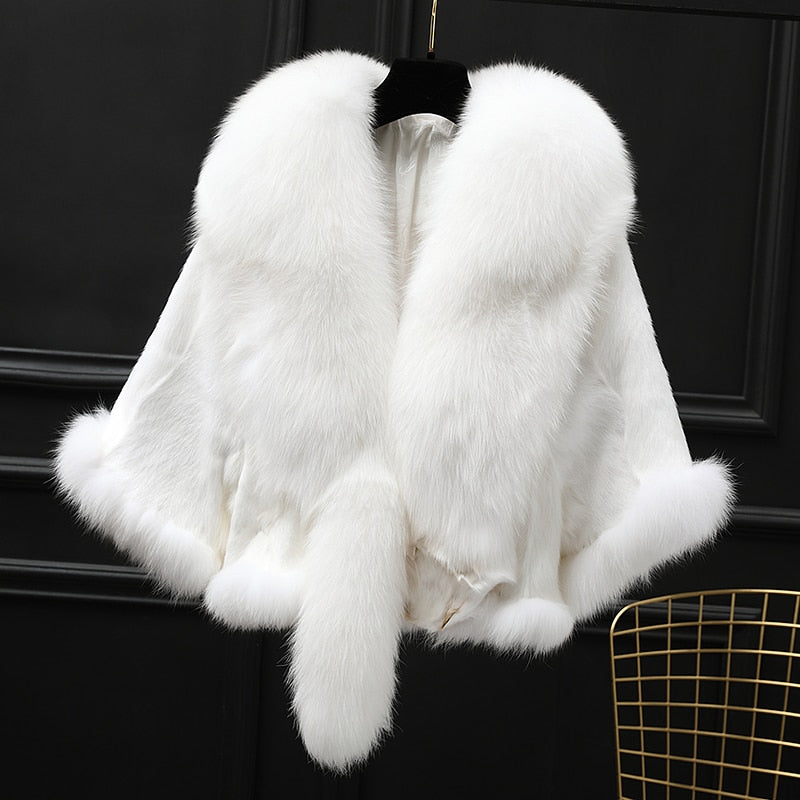 Winter Cloak Warm  Women Cardigan big real Fox Fur Collar Cape Fashion Solid Poncho With medium Fur Sleeves Evening dress shaw
