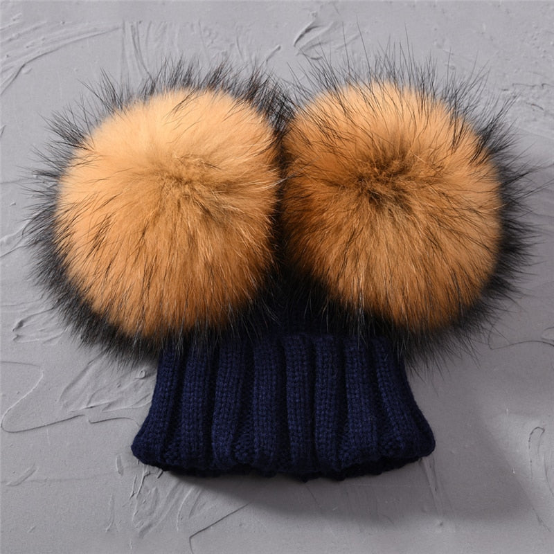 Winter Baby Knit Hat With Two Fur Pompoms Boy Girls Natural Fur Ball Beanie Kids Caps Double Real Fur Pom Pom Hat for Children